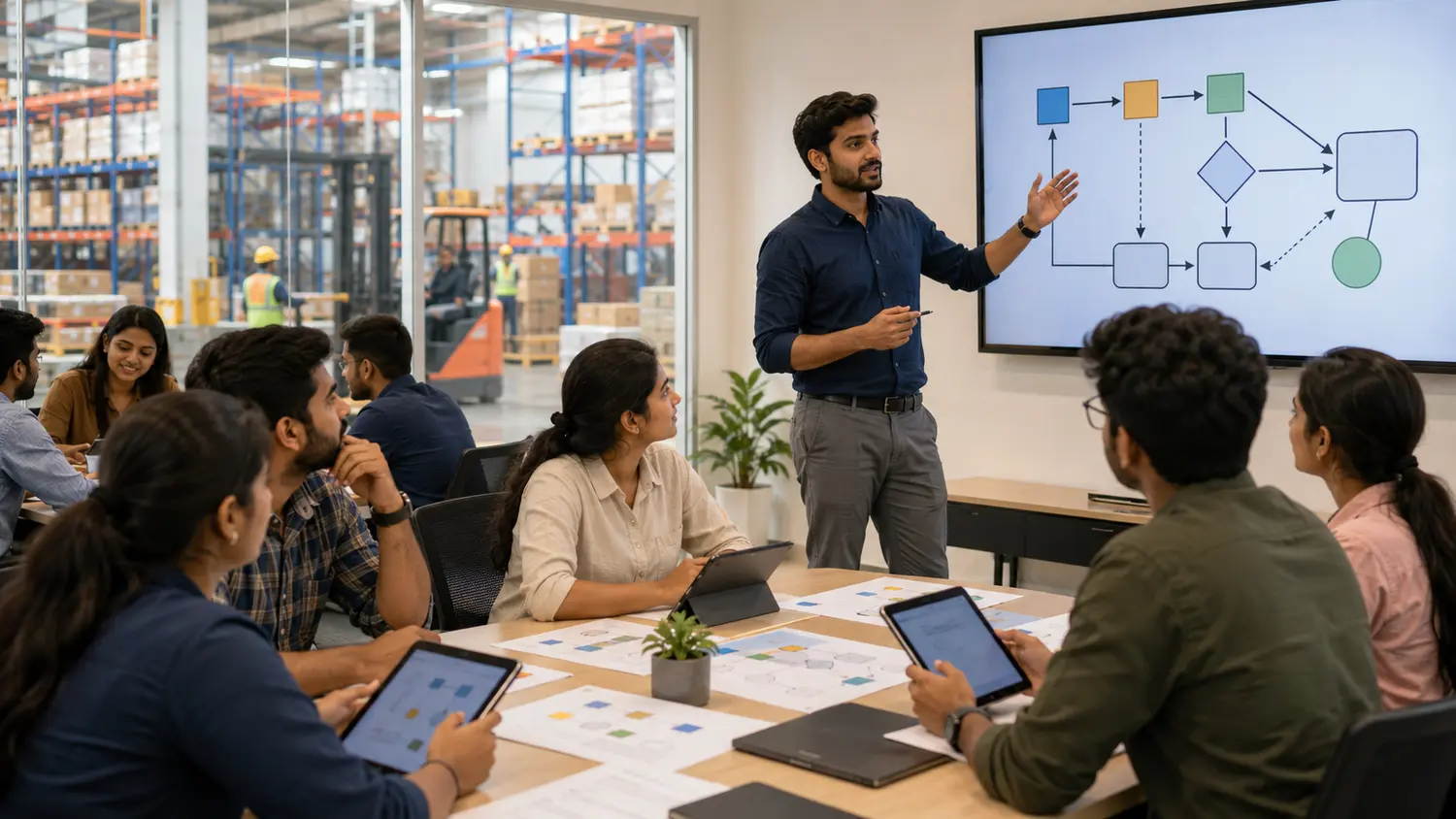 Young Indian trainees learning warehouse process design with an instructor