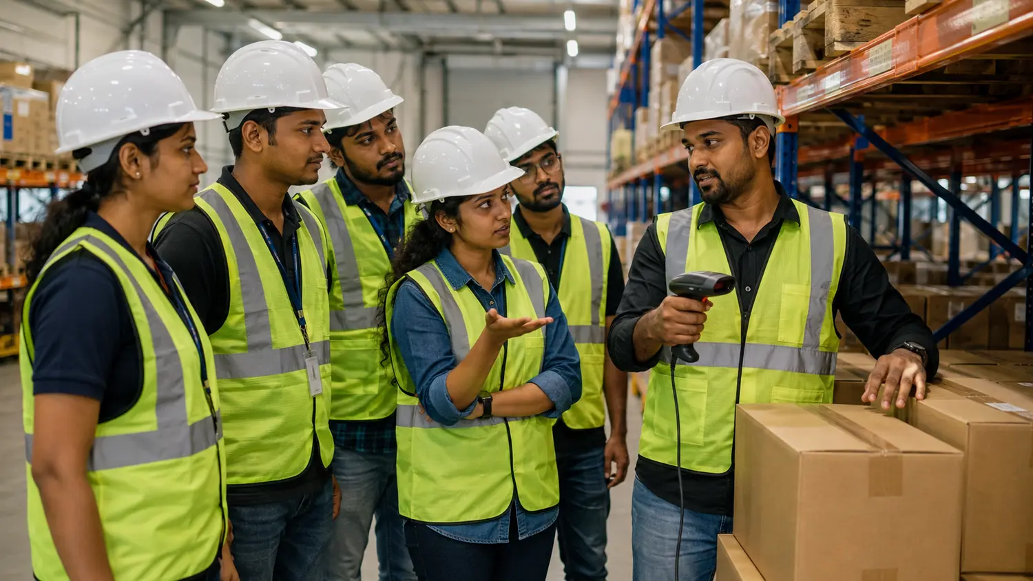 Young Indian trainees learning barcode scanning in a warehouse