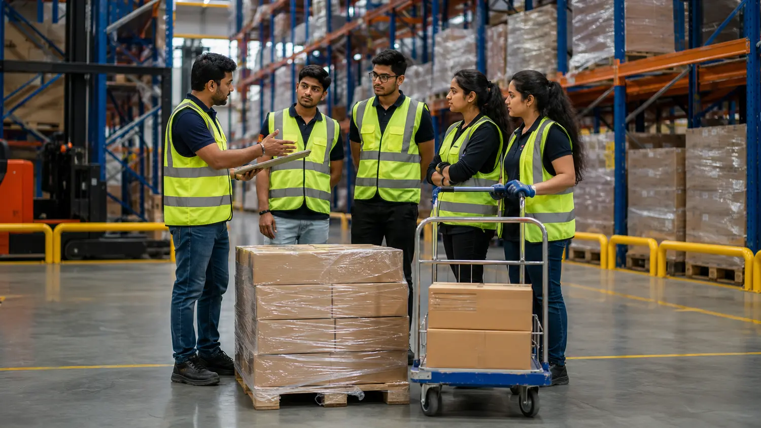 Young Indian trainees completing a practical warehouse teamwork exercise